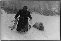Ivor Brock rescuing a lamb in a blizzard, Millhams, Dolton, Devon, England, 1978