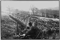 Stephen Squire, hedger, taking a tea-break, Langham, Dolton, England, 1980
